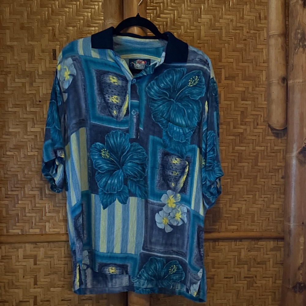 Vintage Jams World Blue Floral Hawaiian aloha polo Shirt Medium ARIEL BLUE
